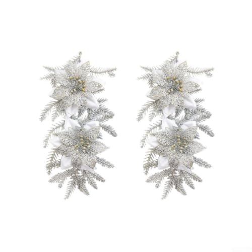 Weihnachtsbaumschmuck mit goldenem Glitzer-Blumenarrangement, entworfen, um warme Urlaubsatmosphäre mit realistischen Kiefernblättern zu schaffen (Silber) von Jayruit