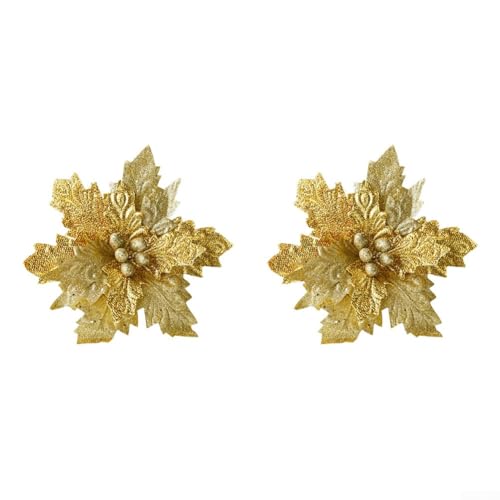 Weihnachtsblumendekorationspaar mit funkelnden handgefertigten Blumen, entworfen für Weihnachtsbaum, Kranz und Treppengeländer Dekoration (Gold) von Jayruit