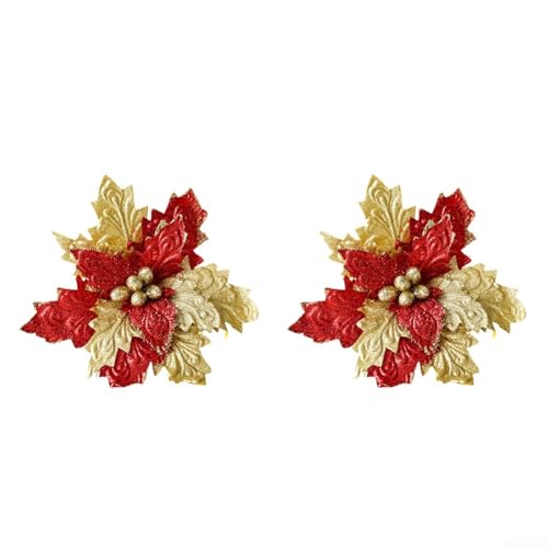 Weihnachtsblumendekorationspaar mit funkelnden handgefertigten Blumen, entworfen für Weihnachtsbaum, Kranz und Treppengeländer Dekoration (rot) von Jayruit