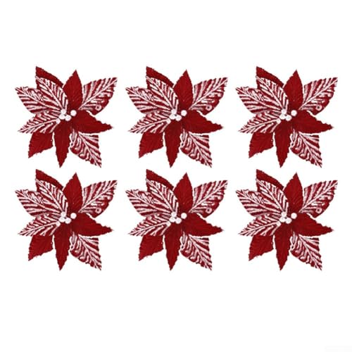 Weihnachtsstern-Dekorationen, 6 Stück, Flanell-Blumen mit Schnee-Akzenten, um Weihnachtsbäume, Kränze und saisonale Arrangements zu verschönern (Weinrot) von Jayruit