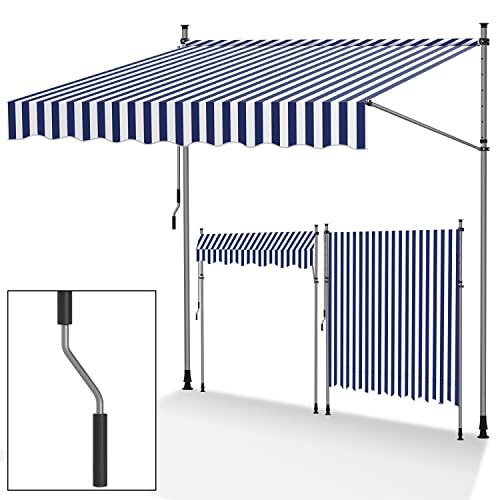 Jayseuw Klemmmarkise Balkon ohne Bohren, markise 200cm breit, mit Handkurbel, Höhenverstellbare, UV-beständig und wasserdicht Klemmmarkise für Terrasse Balkon, Blau-Weiße von Jayseuw