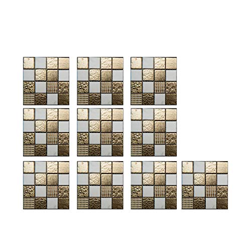 10 Stück Selbstklebende Fliesenaufkleber Quadrat Fliesen Kristall Fliesenaufkleber 3D Mosaik Wasserdichte Wandfliese Aufkleber Fliesen Decals Küche Badezimmer Bodendekoration 10x10 cm (Weißes Gold) von Jaysis