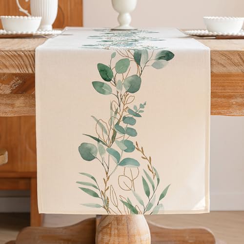 Jayusaror Eukalyptus Tischläufer Frühling Sommer Grün Blatt Botanical Modern Tischdekoration Table Runner Saisonal Küche Esstisch Dekoration Draußen Urlaub Party Wohnzimmer Deko 33 x 183 cm von Jayusaror