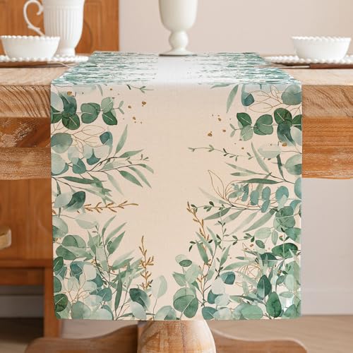 Jayusaror Eukalyptus Tischläufer Frühling Sommer Grün Blatt Botanical Modern Tischdekoration Table Runner Saisonal Küche Esstisch Dekoration Draußen Urlaub Party Wohnzimmer Deko 40 x 140 cm von Jayusaror