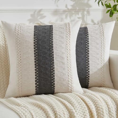 Jayusaror Kissenbezug 40x40 Grau Boho Makramee Baumwolle Leinen Kissenbezüge Sofakissen Landhausstil Kissenhüllen Dekokissen Kissen Modern Zierkissenbezug für Sofa Wohnzimmer 2er Set von Jayusaror