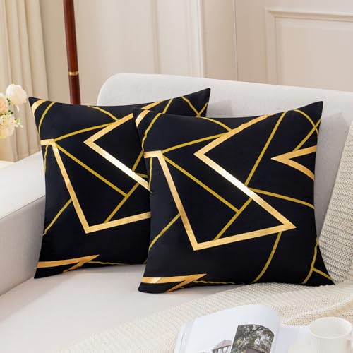 Jayusaror Kissenbezug 40x40 Schwarz Samt Sofakissen Geometrie Golden Dekokissen Weiche Herbst Kissenhülle Kissenbezüge Moderne Zierkissen Bezug für Sofa Schlafzimmer Wohnzimmer 2er Set von Jayusaror