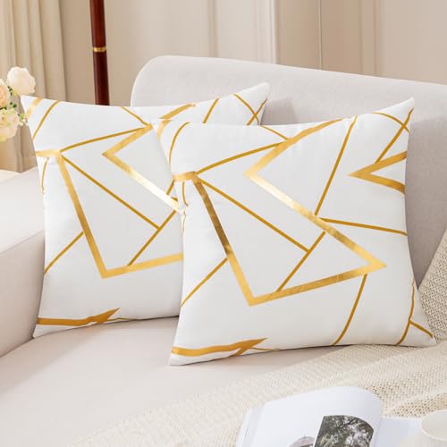Jayusaror Kissenbezug 45x45 Weiß Samt Sofakissen Geometrie Golden Dekokissen Weiche Herbst Kissenhülle Kissenbezüge Moderne Zierkissen Bezug für Sofa Schlafzimmer Wohnzimmer 2er Set von Jayusaror