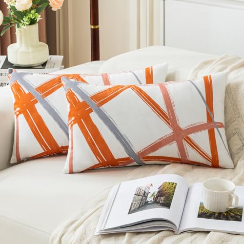 Jayusaror Orange Kissenbezug 30x50 Samt Grau Kissenbezüge Weiche Sofakissen Geometrische Dekokissen Moderne Kissen Deko Kissenhülle für Wohnzimmer Sofa Schlafzimmer Dekor，2er Set von Jayusaror