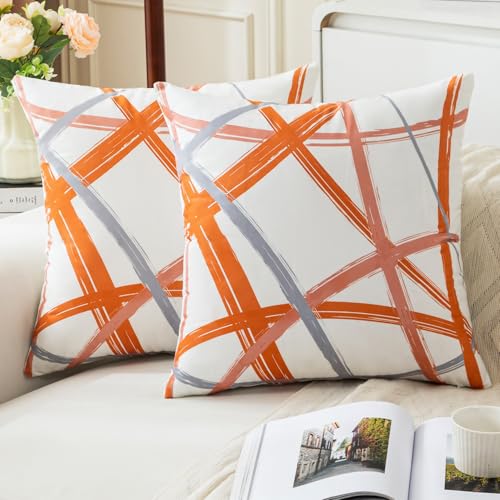 Jayusaror Orange Kissenbezug 40x40 Samt Grau Kissenbezüge Weiche Sofakissen Geometrische Dekokissen Moderne Kissen Deko Kissenhülle für Wohnzimmer Sofa Schlafzimmer Dekor，2er Set von Jayusaror