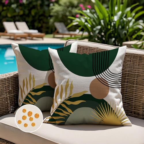 Jayusaror Outdoor Kissenbezug 40x40 Wetterfest Grün Sofakissen Kissenhülle Boho Modern Minimalistisch Geometrische Tropische Blätter Sommer Kissen Kissenbezüge für Sofa Garten Deko 2er Set von Jayusaror