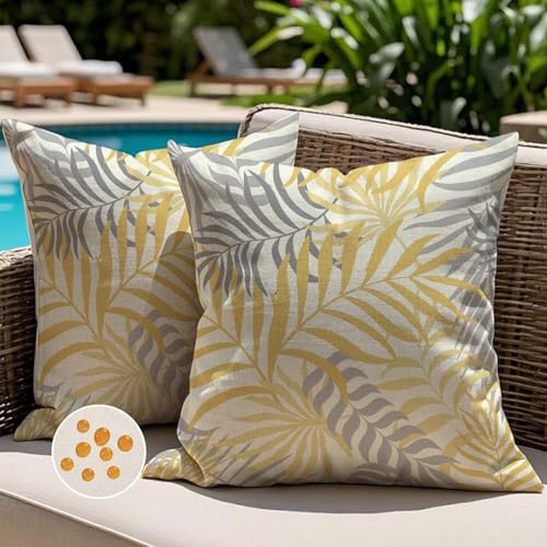 Jayusaror Outdoor Kissenbezug 40x40 cm Gelb Grau Kissenhülle Wetterfest Sofakissen Gartenkissen Sommer Tropische Blätter Deko Kissen Kissenbezüge für Sofa Garten Deko 2er Set von Jayusaror