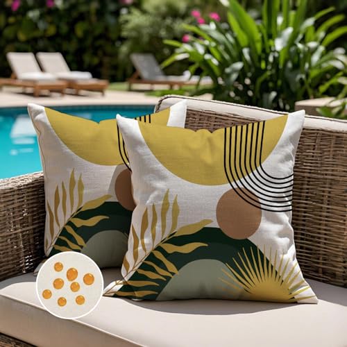 Jayusaror Outdoor Kissenbezug 45x45 Wetterfest Gelb Grün Sofakissen Kissenhülle Boho Modern Minimalistisch Geometrische Tropische Blätter Sommer Kissen Kissenbezüge für Sofa Garten Deko 2er Set von Jayusaror