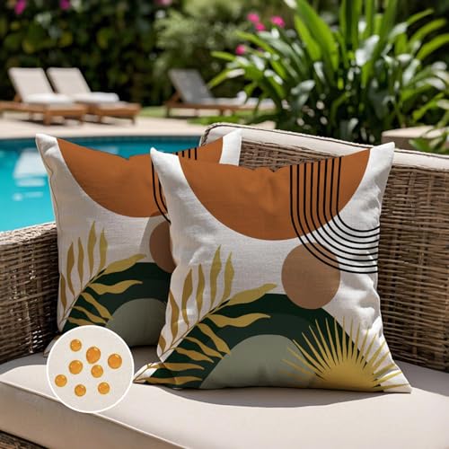 Jayusaror Outdoor Kissenbezug 45x45 Wetterfest Orange Grün Sofakissen Kissenhülle Boho Modern Minimalistisch Geometrische Tropische Blätter Sommer Kissen Kissenbezüge für Sofa Garten Deko 2er Set von Jayusaror