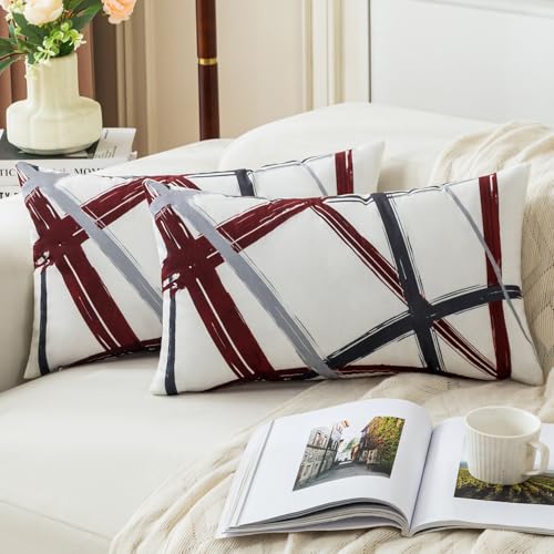Jayusaror Rot Kissenbezug 30x50 Samt Dunkelgrau Grau Kissenbezüge Weiche Sofakissen Geometrische Dekokissen Moderne Kissen Deko Kissenhülle für Wohnzimmer Sofa Schlafzimmer Dekor，2er Set von Jayusaror