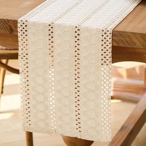 Jayusaror Tischläufer Beige Boho Makramee Modern Frühling Bauernhaus Klein Tischdecke Schmal Landhausstil Rustikaler Tisch Läufer Baumwolle Leinen Table Runner für Hochzeit Tabletop Deko 30x180 cm von Jayusaror