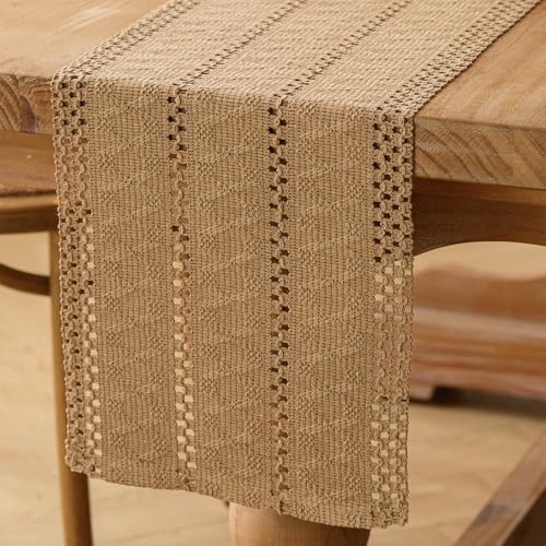 Jayusaror Tischläufer Braun Boho Makramee Modern Frühling Bauernhaus Klein Tischdecke Schmal Landhausstil Rustikaler Tisch Läufer Baumwolle Leinen Table Runner für Hochzeit Küche Deko 30x180 cm von Jayusaror