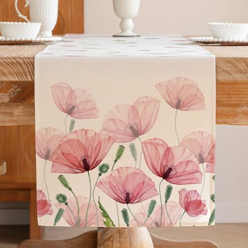 Tischläufer Frühling Sommer Rosa Blumen Botanical Modern Tischdekoration Grünes Blatt Table Runner Saisonnal Küche Esstisch Dekoration ür Draußen Urlaub Party Wohnzimmer Dekor 40 x 140 cm von Jayusaror
