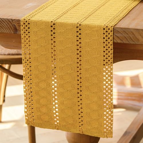 Jayusaror Tischläufer Gelb Boho Makramee Modern Frühling Bauernhaus Klein Tischdecke Schmal Landhausstil Rustikaler Tisch Läufer Baumwolle Leinen Table Runner für Hochzeit Party Deko 30x180 cm von Jayusaror