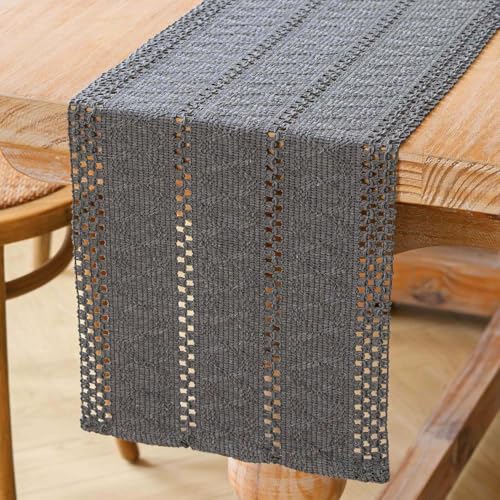 Jayusaror Tischläufer Grau Boho Makramee Modern Frühling Bauernhaus Klein Tischdecke Schmal Landhausstil Rustikaler Tisch Läufer Baumwolle Leinen Table Runner für Hochzeit Tabletop Deko 30x180 cm von Jayusaror