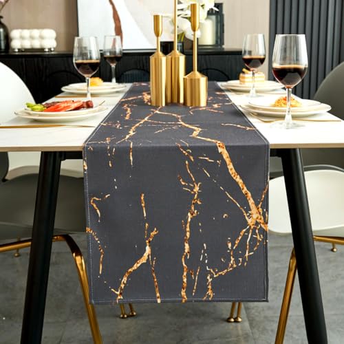 Jayusaror Tischläufer Modern Herbst Grau und Gold Leinen Marmor Goldene Textur Abstrakte Kunst Waschbarer Tischläufer für Kaffee, Esszimmer, Kommode, Beistelltisch, Schlafzimmer, 40 x 140 cm von Jayusaror
