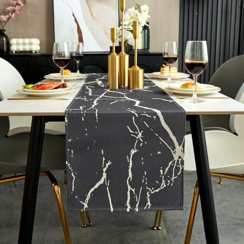 Jayusaror Tischläufer Modern Herbst Grau und Weiß Leinen Marmor Goldene Textur Abstrakte Kunst Waschbarer Tischläufer für Kaffee, Esszimmer, Kommode, Beistelltisch, Schlafzimmer, 33 x 183 cm von Jayusaror