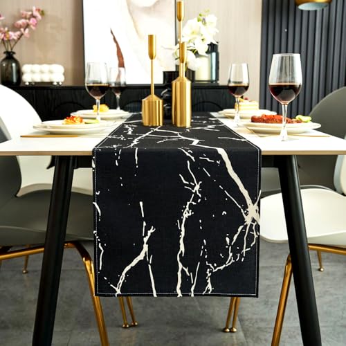 Jayusaror Tischläufer Modern Herbst Schwarz und Weiß Leinen Marmor Goldene Textur Abstrakte Kunst Waschbarer Tischläufer für Kaffee, Esszimmer, Kommode, Beistelltisch, Schlafzimmer, 33 x 183 cm von Jayusaror