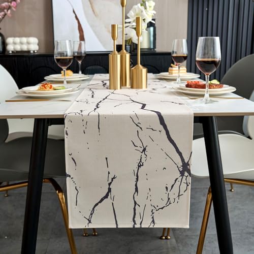 Jayusaror Tischläufer Modern Herbst Weiß und Grau Leinen Marmor Goldene Textur Abstrakte Kunst Waschbarer Tischläufer für Kaffee, Esszimmer, Kommode, Beistelltisch, Schlafzimmer, 40 x 140 cm von Jayusaror