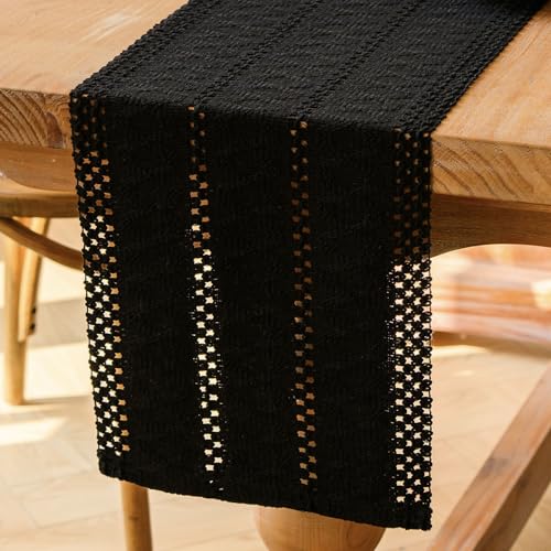 Jayusaror Tischläufer Schwarz Boho Makramee Modern Frühling Bauernhaus Klein Tischdecke Schmal Landhausstil Rustikaler Tisch Läufer Baumwolle Leinen Table Runner für Hochzeit Party Deko 30x180 cm von Jayusaror