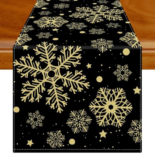 Jayusaror Tischläufer Weihnachten Schwarz und Gold Tischdecke Schneeflocken Weihnachtstischläufer Weihnachts Tischläufer Tischdeko für Urlaub Party 33 x 183 cm von Jayusaror