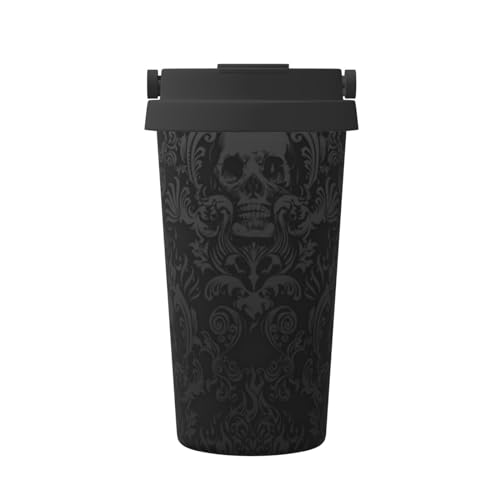 Thermobecher mit Gothic-Tapete, Totenkopf-Druck, 500 ml, handisolierter Kaffeebecher, auslaufsicherer Deckel, Edelstahl, isolierte Kaffeetasse mit auslaufsicheren Deckeln, wiederverwendbare von JAYWIS