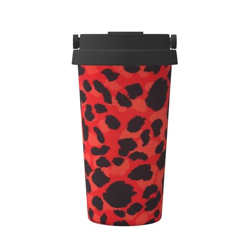 Thermobecher mit rotem Leopardenmuster, 500 ml, handisolierter Kaffeebecher, auslaufsicherer Deckel, Edelstahl, isolierte Kaffeetasse mit auslaufsicheren Deckeln, wiederverwendbare Kaffeetassen, von JAYWIS
