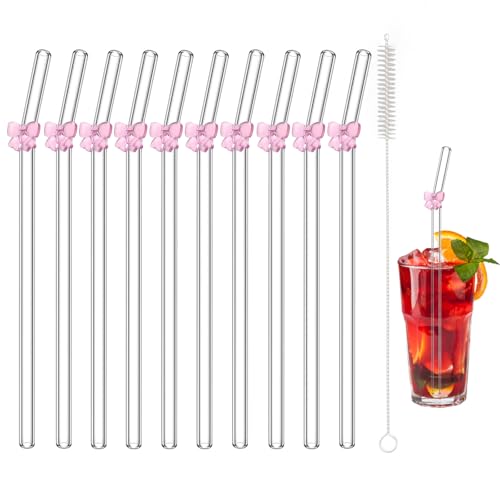 10 Stück Glasstrohhalme, Glasstrohhalme Mit Motiv, Wiederverwendbare Strohhalme Glas Mit Schmetterlingsschleifen Mit Reinigungs Bürste, Ideal Für Cocktails, Smoothies Und Heißgetränke von JazRvr