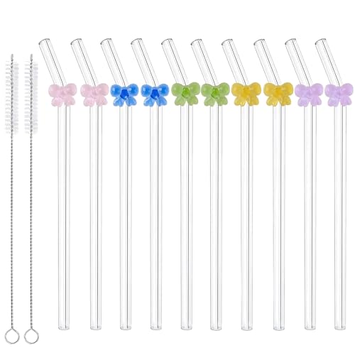14 Stück Glasstrohhalme, 20 Cm Länge Wiederverwendbare Strohhalme Aus Glas Mit Farblich Passendem Motiv, Inklusive 2 Reinigungsbürsten, Ideal Für Smoothies, Tee, Saft Und Milchshakes von JazRvr