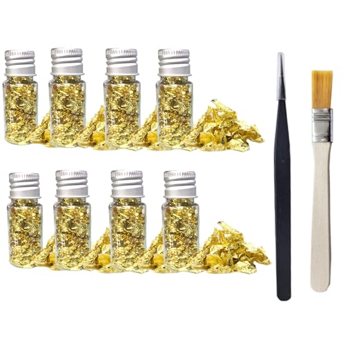JazRvr 10 Stück Blattgold Essbar, Blattgold Essbar Für Torten, Goldfolie Mit Pinsel Und Pinzette, Ideal Für Kuchen, Schokolade Und DIY-Projekte, 5.4g Pro Flasche von JazRvr