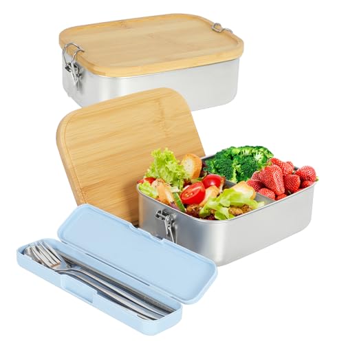 Jazlyvex Edelstahl Brotdose Lunchbox Erwachsene Bento Box mit 3 Fächern Brotdosen Brotzeitbox Vesperbox Essensbox für Erwachsene Kinder Schule Picknick mit Bambus Deckel Besteck von Jazlyvex