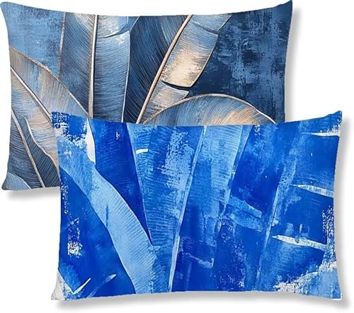 Kissenbezug 25 x 50 Blau Kopfkissen 2er Set Blatt Sofakissen Dekokissen kissenbezüge mit Unsichtbarem Reißverschluss Leinen Langlebige Rechteck Kissenbezüge für Deko Wohnzimmer Schlafzimmer S1-230 von Jaznnghh