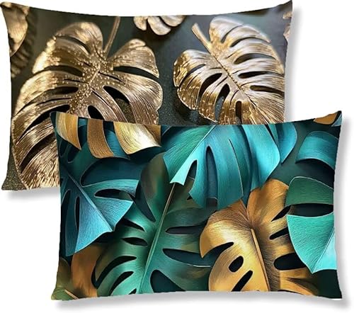 Kissenbezug 25 x 50 GrüN Kopfkissen 2er Set Blatt Sofakissen Dekokissen kissenbezüge mit Unsichtbarem Reißverschluss Leinen Langlebige Rechteck Kissenbezüge für Deko Wohnzimmer Schlafzimmer S1-245 von Jaznnghh