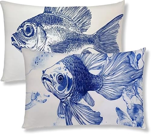 Kopfkissenbezug 40x60 2er Set Kissenbezug Marineblau Sofakissen Kopfkissen Fisch Kissenbezüge Weiche Komfort Samt Dekokissen Doppelseitiges Druckdesign, für Schlafzimmer Wohnzimmer Kissenhüllen S1-231 von Jaznnghh