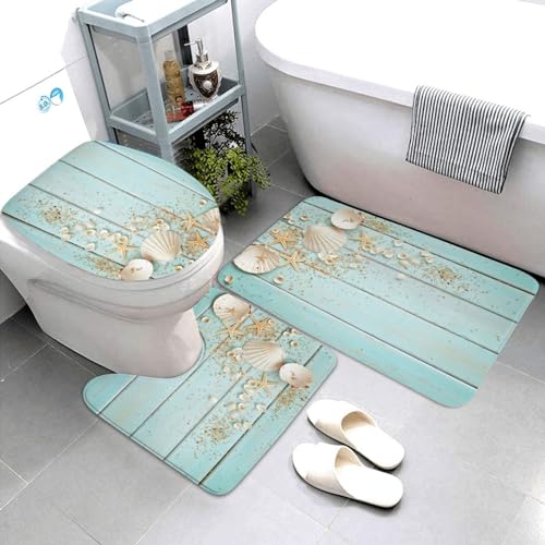 Jbofyee 3-teiliges Badezimmerteppich-Set, Muscheln auf Holzhintergrund, Badematte + Konturmatte + Toilettensitzbezug, rutschfeste weiche Mikrofaser, Badematte für Badewanne, Dusche, Raumdekoration Jbofyee 3-teiliges Badezimmerteppich-Set, Muscheln auf Holzhintergrund, Badematte + Konturmatte + Toilettensitzbezug, rutschfeste weiche Mikrofaser, Badematte für Badewanne, Dusche, Raumdekoration von Jbofyee