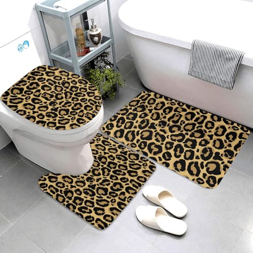 Jbofyee Badezimmerteppich-Set, braunes Leopardenmuster, Badematte + Konturmatte + Toilettensitzbezug, rutschfeste weiche Mikrofaser, Geparden-Badematte für Badewanne, Dusche, Raumdekoration von Jbofyee
