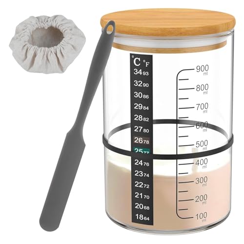 Jcasbdn Sauerteig Starter Kit 900ml Glas Sauerteigstarter Jar Weit Mund Sauertough Starter Container wiederverwendbares Sauerteigglasglas mit Deckelthermometer von Jcasbdn