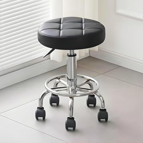 Jconly Rollhocker Höhenverstellbar mit 360° Rollen – Schwarzer Werkstatthocker aus PU-Leder, Drehbar & Stufenlos Verstellbar 46-60cm für Büro/Homeoffice/Salon von Jconly