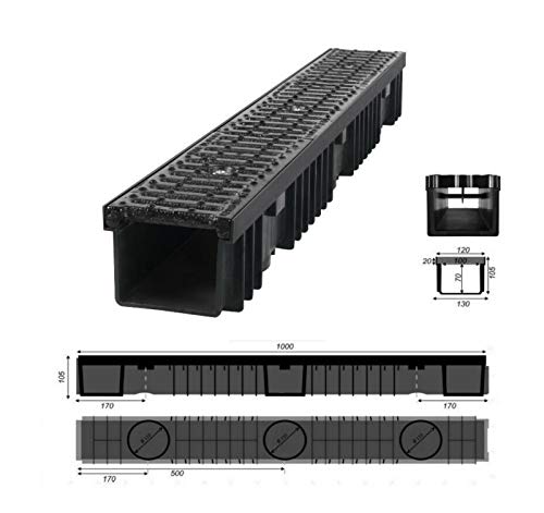 JeCo - Entwässerungsrinne Regenrinne Bodenrinne - Länge: 1 m/Höhe: 105 mm - Gusseisen 12,5 T (B125) von JeCo