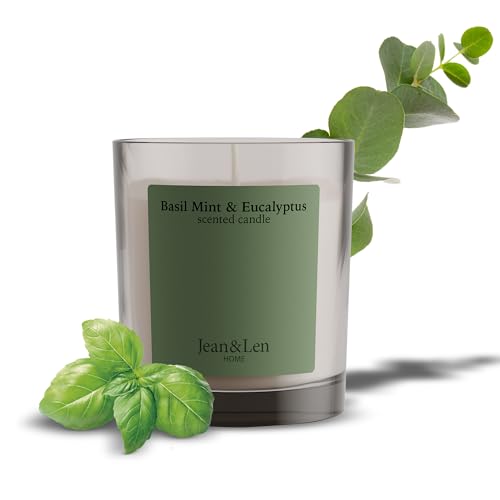 Jean & Len Scented Candle Basil Mint & Eucalyptus, hergestellt mit Sheabutter, Brenndauer ca. 40 Stunden, minimalistisches Design, erfrischender Duft, vegan, 195 g Jean & Len Scented Candle Basil Mint & Eucalyptus, hergestellt mit Sheabutter, Brenndauer ca. 40 Stunden, minimalistisches Design, erfrischender Duft, vegan, 195 g von Jean & Len