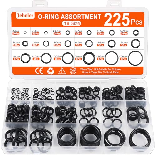 225 Stücke O Ring Sortiment, Ø 3-22 mm Dichtungsringe Set NBR Gummidichtung Gummi Dichtringe Dichtungen Oringe Unterlegscheiben Dichtungssatz für Sanitär Wasserhahn Druckleitungen - 18 Größen Schwarz von Jeboler