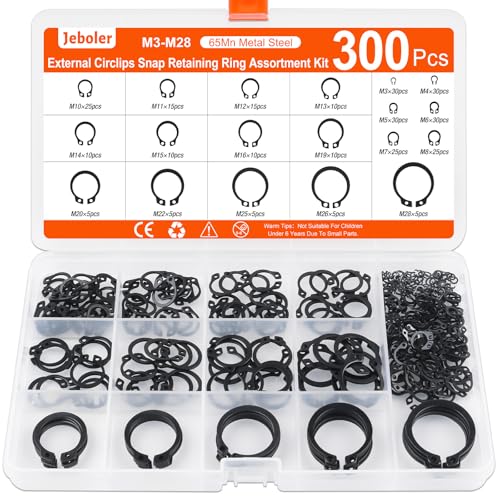 Jeboler 300 Sicherungsring Set, Ø 3-28 mm E-Clips Sprengring Seegering Sortiment, Externes C-Clips Sicherungsscheiben Innen Spannring Klemmring Geteilte Schnallen Unterlegscheiben für Wellen von Jeboler