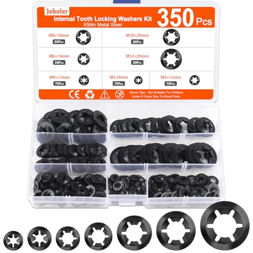 Jeboler 350 Stück Sicherungsscheiben, M3-M12 Klemmscheiben Unterlegscheiben, Innenzahn Schnellverschluss Klemmring Sicherungsring Set 65 Manganstahl Sicherungsscheibe Sortiment Kit - Schwarz von Jeboler