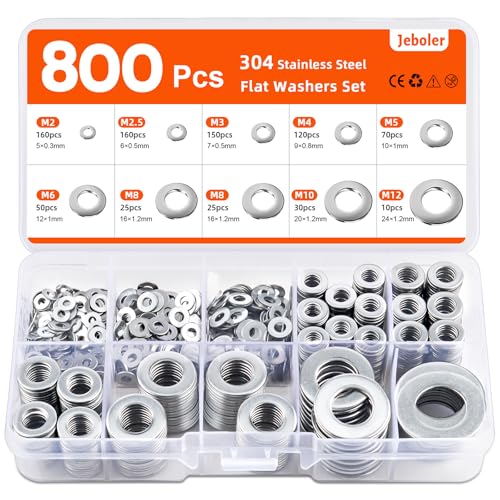 Jeboler Unterlegscheiben Set, 800 Stück Flach Unterlegscheiben Edelstahl A2 V2A Beilagscheiben Sortiment für Schrauben, Bolzen M2 M2,5 M3 M4 M5 M6 M8 M10 M12-9 Größen von Jeboler