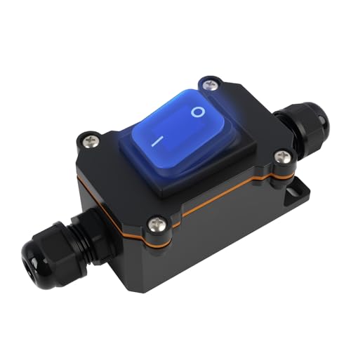 Jecdfs Inline Kabelschalter Wasserdichter Wippschalter DPST 20A-12VDC/16A-24VDC/20A-125VAC/16A-250VAC IP66 Wasserdichte Box mit Zweiseitigem Eingang, Blaue LED-Anzeige von Jecdfs