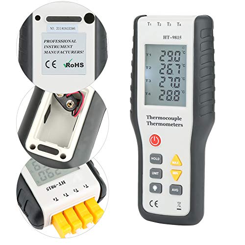 Digitales Thermometer, ° F, ° C, K-Temperaturmesser, 4-Kanal-Thermoelement-Sensorthermometer vom Typ K, digitales LCD-Display mit Hintergrundbeleuchtung für Luft- und Oberflächentemperaturen von Jectse